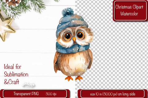 Christmas Clipart Owl Illustration Watercolor Christmas clipart PNG Sublimation Createya Design 