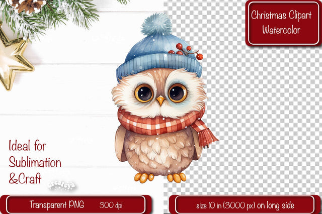 Christmas Clipart Owl Illustration Watercolor Christmas clipart PNG Sublimation Createya Design 