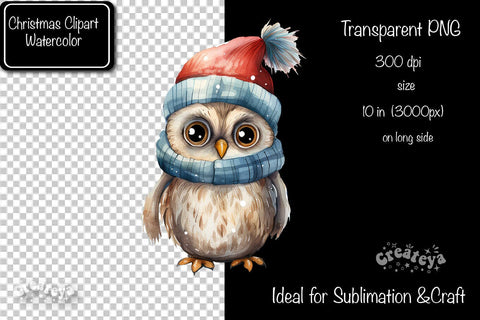 Christmas Clipart Owl Illustration Watercolor Christmas clipart PNG Sublimation Createya Design 