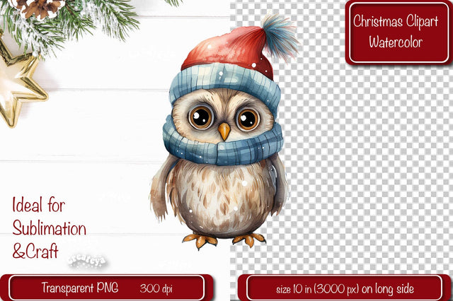 Christmas Clipart Owl Illustration Watercolor Christmas clipart PNG Sublimation Createya Design 