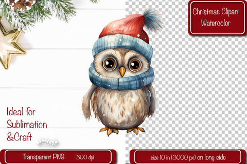 Christmas Clipart Owl Illustration Watercolor Christmas clipart PNG Sublimation Createya Design 
