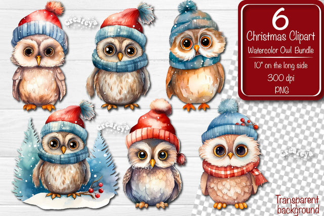 Christmas clipart watercolor Owl Clipart bundle Xmas Owl illustration Sublimation Createya Design 