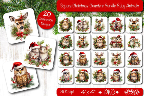 Christmas coaster Bundle Square coaster Sublimation Baby Animals Sublimation Createya Design 