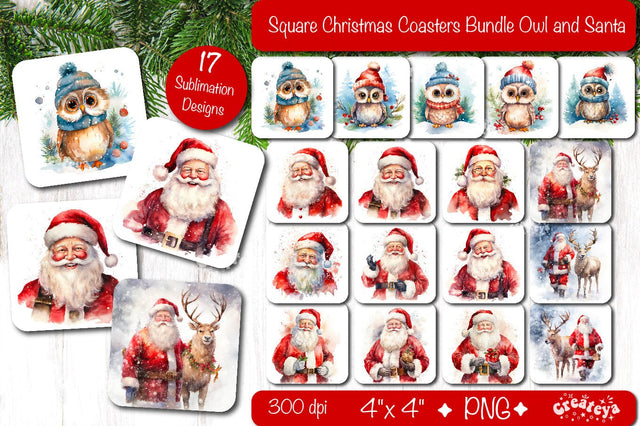 Christmas coaster Bundle Square coaster Sublimation Santa Owl PNG Sublimation Createya Design 