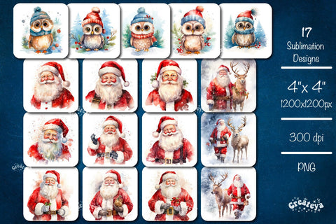 Christmas coaster Bundle Square coaster Sublimation Santa Owl PNG Sublimation Createya Design 