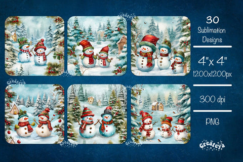 Christmas coaster Sublimation Bundle Square coaster design Snowman 3D Snowflake and Flower PNG Sublimation Createya Design 