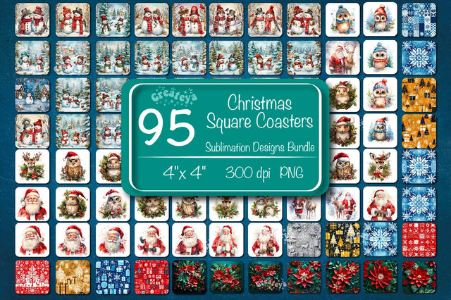Christmas coaster Sublimation Bundle Square coaster design Snowman 3D Snowflake and Flower PNG Sublimation Createya Design 