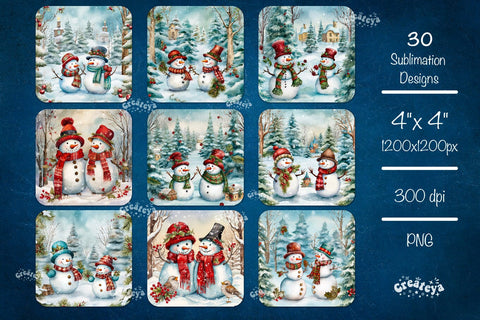 Christmas coaster Sublimation Bundle Square coaster design Snowman 3D Snowflake and Flower PNG Sublimation Createya Design 