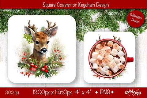 Christmas coaster Sublimation Square coaster design Baby Animal PNG Square keychain Sublimation Createya Design 
