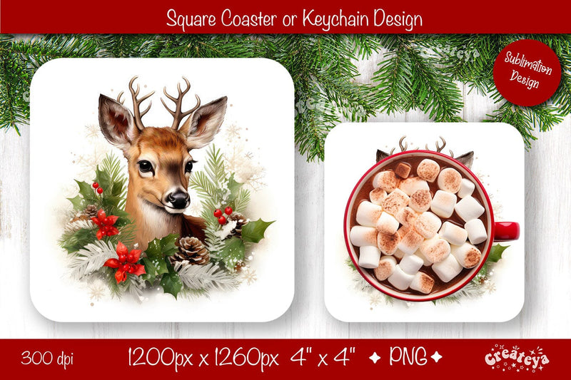 Christmas coaster Sublimation Square coaster design Baby Animal PNG Square keychain Sublimation Createya Design 