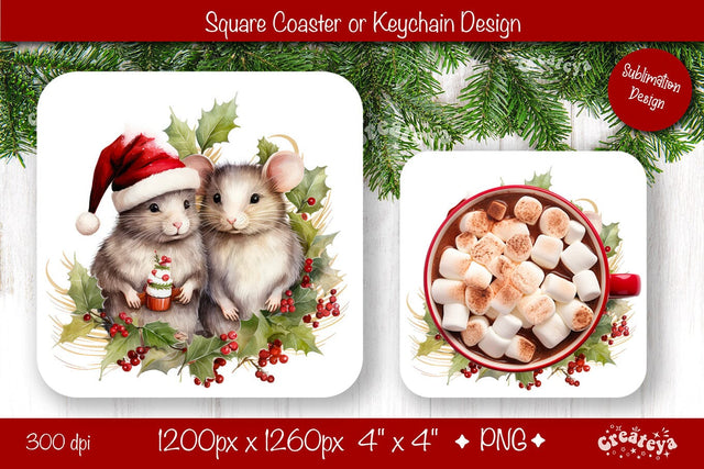 Christmas coaster Sublimation Square coaster design Baby Animal PNG Square keychain Sublimation Createya Design 