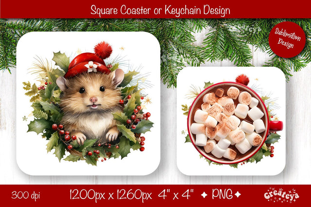 Christmas coaster Sublimation Square coaster design Baby Animal PNG Square keychain Sublimation Createya Design 