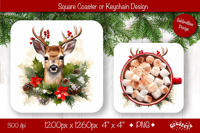 Christmas coaster Sublimation Square coaster design Baby Animal PNG Square keychain Sublimation Createya Design 