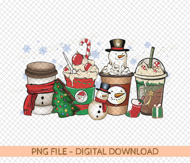 Christmas coffee PNG, peppermint iced latte snowmen sweets snow warm cozy winter women Sublimation design hand drawn Printable file Sublimation DiamondDesign 