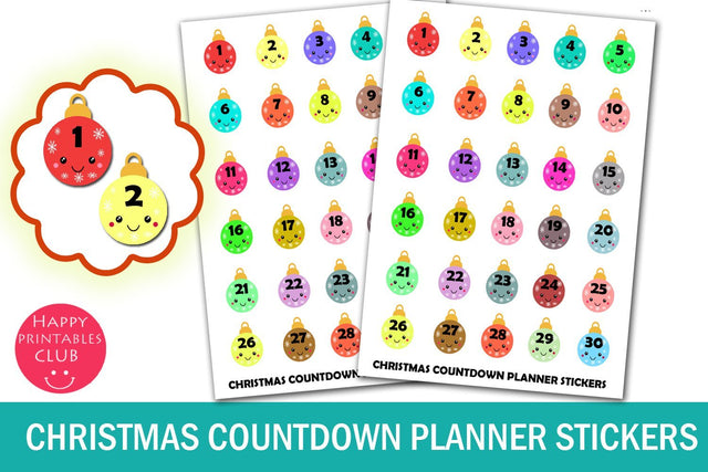 Christmas Countdown Planner Stickers- Kawaii Christmas Ornament Stickers SVG Happy Printables Club 