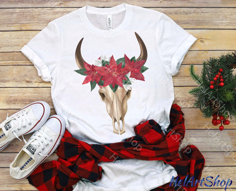 Christmas Cow Skull Png, Sublimation Png, Poinsettia Png Sublimation _HelArtShop_ 