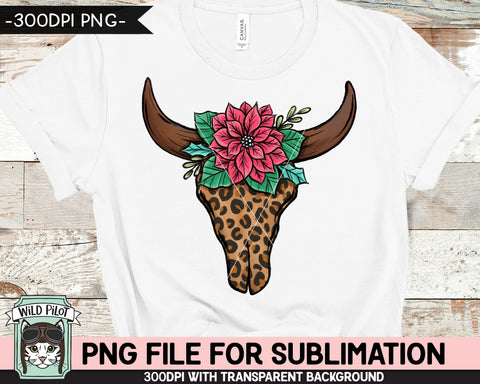 Christmas Cow Skull SUBLIMATION design PNG, Leopard Cow Skull Poinsettia png file, Floral Cow Skull Leopard sublimation designs, png file download Sublimation Wild Pilot 