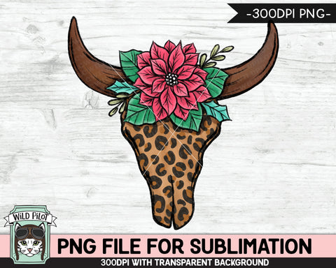 Christmas Cow Skull SUBLIMATION design PNG, Leopard Cow Skull Poinsettia png file, Floral Cow Skull Leopard sublimation designs, png file download Sublimation Wild Pilot 