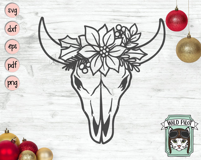 Christmas Cow Skull SVG file, Cow Skull Poinsettia svg file, Cow Skull Floral svg, Cow Skull Flowers cut file, Southwest svg, Boho svg, Hunting svg SVG Wild Pilot 