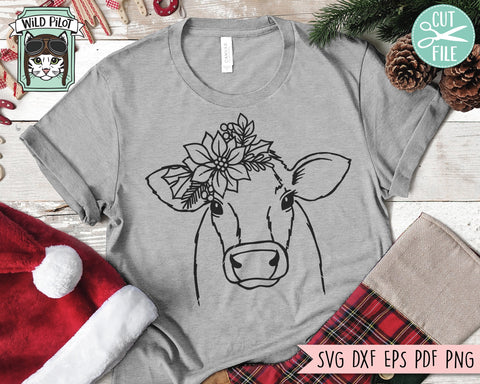 Christmas Cow SVG file, Cow Poinsettia SVG, Cow cut file, Cow Floral svg, Cow Flower svg, Christmas Animals svg, Poinsettia Animals svg, Farm Animal svg SVG Wild Pilot 