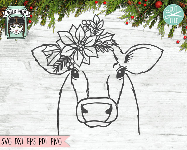 Christmas Cow SVG file, Cow Poinsettia SVG, Cow cut file, Cow Floral svg, Cow Flower svg, Christmas Animals svg, Poinsettia Animals svg, Farm Animal svg SVG Wild Pilot 