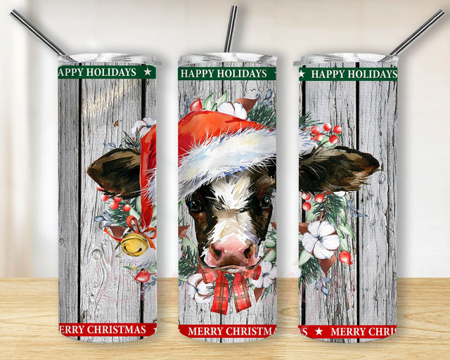 Christmas Cow Tumbler PNG Design Farm Animal With Flower Wreath 20oz Skinny Tumbler Sublimation Design Sublimation BouDesign 