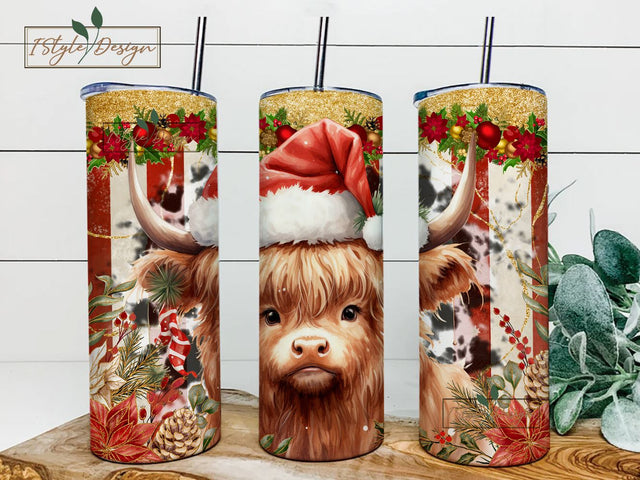Christmas Cow Tumbler Wrap 20 oz Skinny Sublimation Tumbler Digital Download Floral Gold Christmas Tumbler Design Png Gold Glitter Christmas Sublimation iStyleDesign 