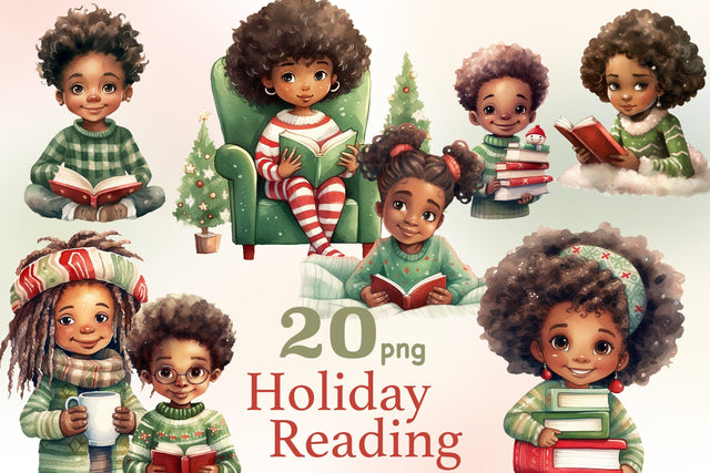 Christmas Cute Black Doll Clipart | Book Lover PNG SVG GlamArtZhanna 