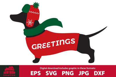 Christmas Dachshund Wearing Hat & Sweater SVG Sign Cutting File & Clipart SVG Bow Wow Creative 