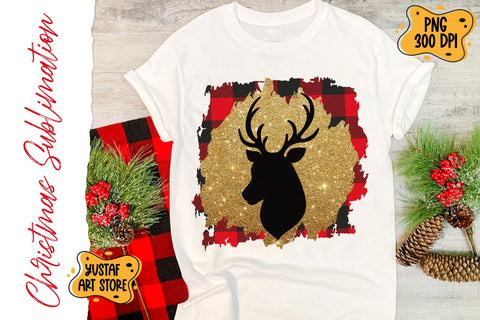 Christmas Deer in glitter, buffalo plaid background sublimation design Sublimation Yustaf Art Store 
