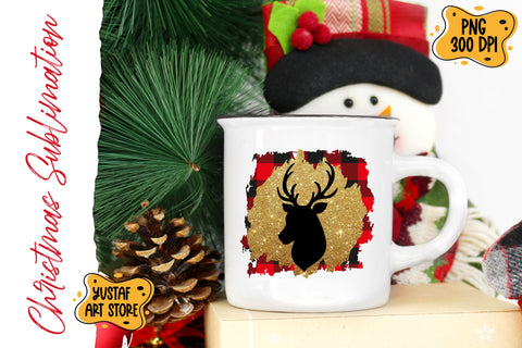 Christmas Deer in glitter, buffalo plaid background sublimation design Sublimation Yustaf Art Store 