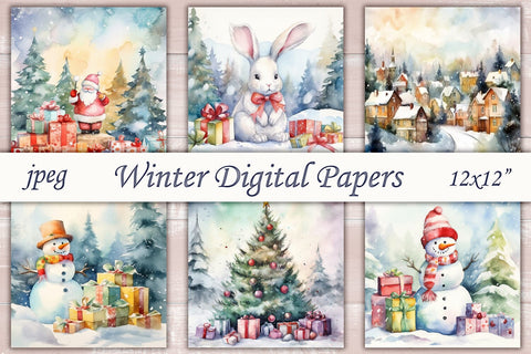 Christmas digital papers, Watercolor winter scene, Holiday background Sublimation AnastasiyaArtDesign 
