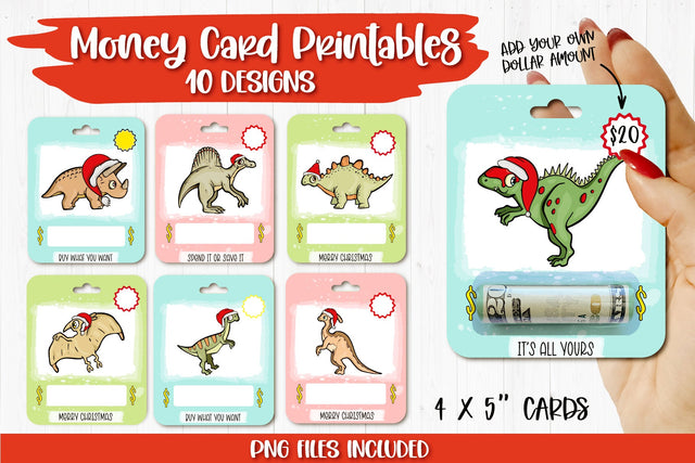 Christmas Dinosaur Money Card PNG Designs | Stocking Stuffer Sublimation TatiStudio 
