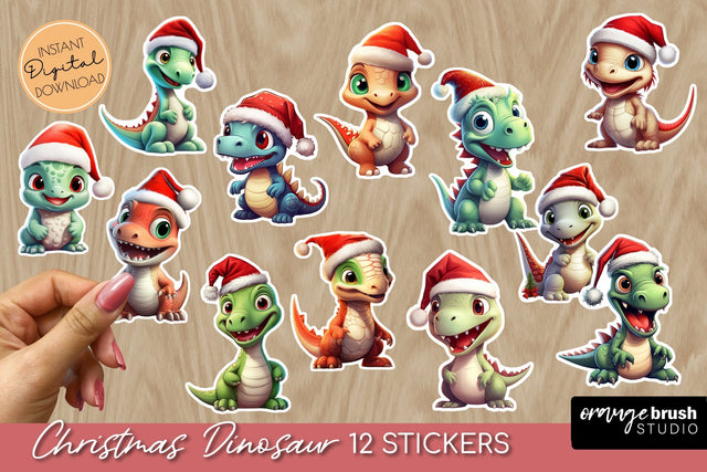 Christmas Dinosaur Printable Christmas Stickers Bundle Sublimation OrangeBrushStudio 
