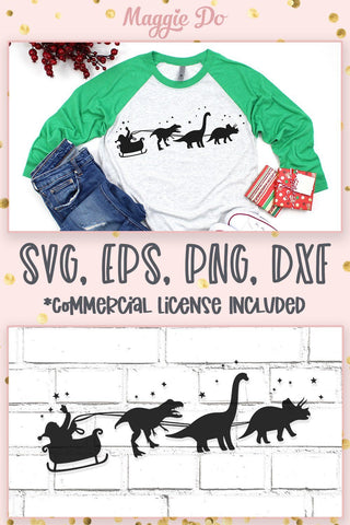 Christmas Dinosaur SVG sleigh ride cut file with PNG EPS DXF SVG Maggie Do Design 