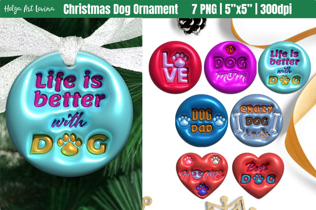 Christmas Dog Ornament | 3D Inflated Puff PNG Sublimation Helga Art 