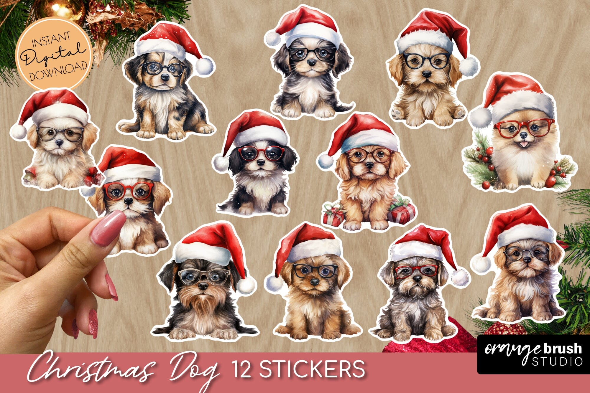 Christmas Dog Stickers Bundle, Festive Printable Sticker Set - So Fontsy