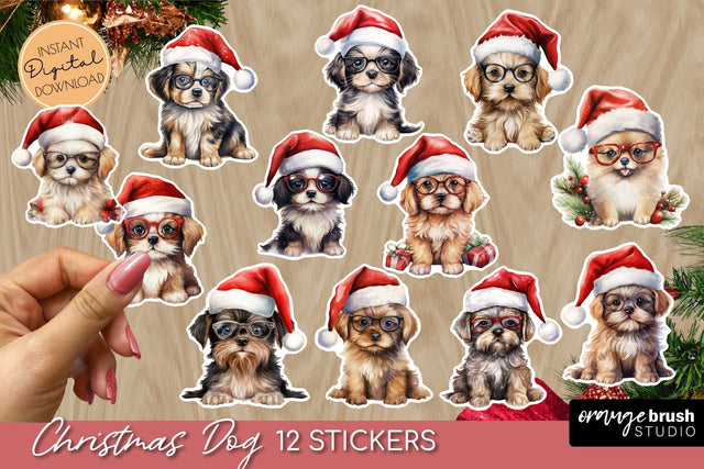 Christmas Dog Stickers Bundle, Festive Printable Sticker Set Sublimation OrangeBrushStudio 