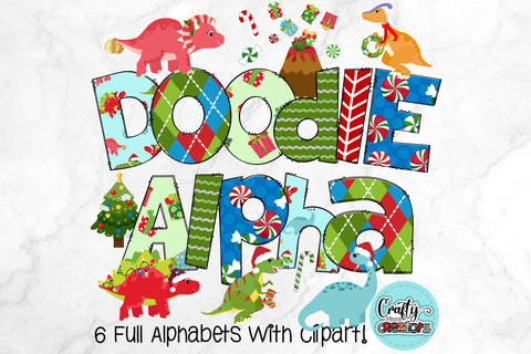 Christmas Doodle Alphabet Dinosaur Christmas With Clipart SVG Crafty Mama Studios 