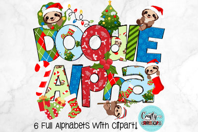 Christmas Doodle Letters PNG, Sloth Holiday Alpha Bundle Sublimation Crafty Mama Studios 