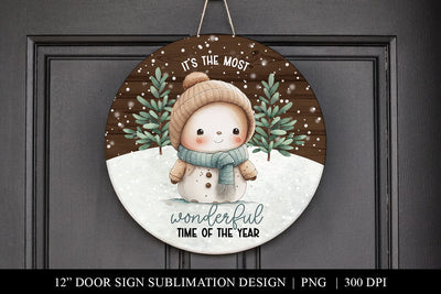Christmas Door Hanger PNG, Snowman Round Sublimation Sublimation BijouBay 