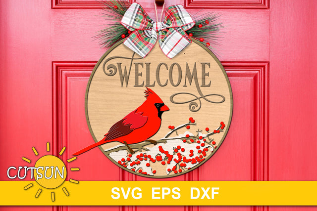 Christmas Door Hanger SVG | Cardinal Bird Welcome Round Sign SVG CutsunSVG 