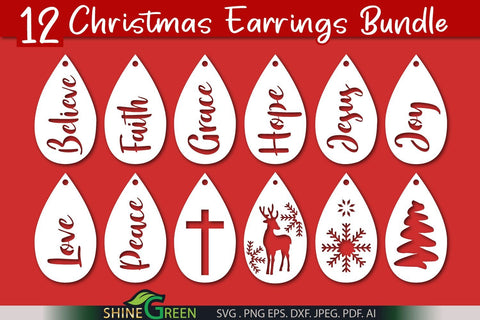Christmas Earrings Bundle - 12 Filigree and 1 Solid Earring Template SVG Shine Green Art 