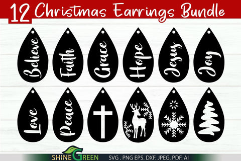 Christmas Earrings Bundle - 12 Filigree and 1 Solid Earring Template SVG Shine Green Art 