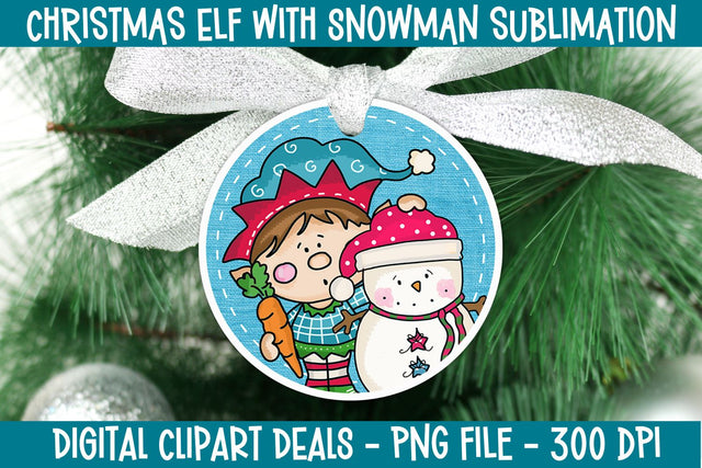Christmas Elf with Snowman Round Sublimation PNG - Sublimation Christmas Ornament Sublimation Digital Clipart Deals 