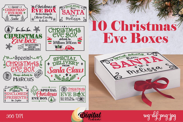 Christmas Eve personalized box SVG bundle. Gift box label 3D Paper Evgenyia Guschina 