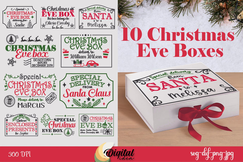 Christmas Eve personalized box SVG bundle. Gift box label 3D Paper Evgenyia Guschina 