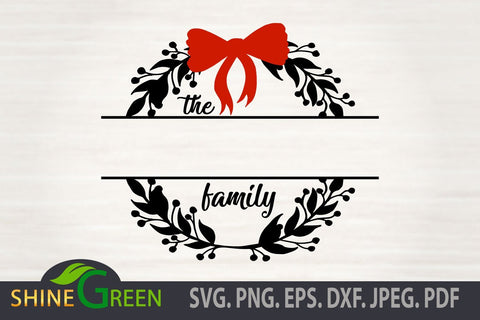 Christmas Family Monogram SVG Round - Floral Frames with Red Bow Tie SVG Shine Green Art 