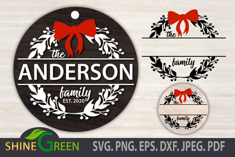 Christmas Family Monogram SVG Round - Floral Frames with Red Bow Tie SVG Shine Green Art 