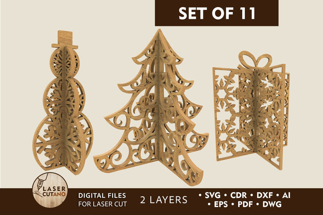 Christmas Figurines Set Multilayer Laser Cut Files, SVG, 3D Designs, Mini Design Bundles SVG LaserCutano 